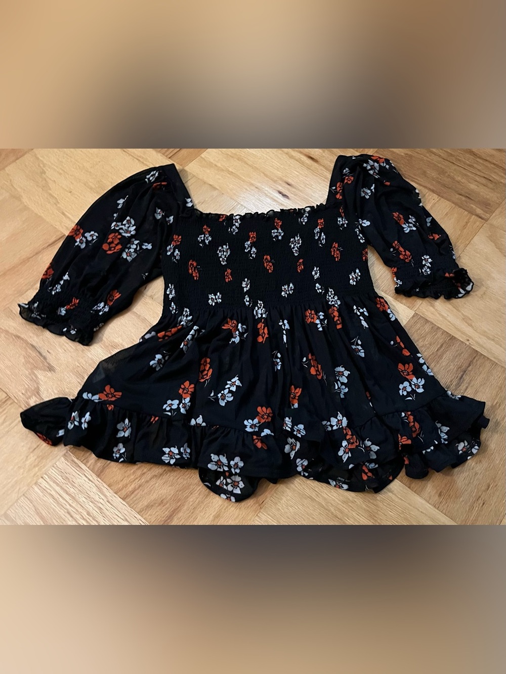 Free People Navy Ruffle Top with Ruched Bodice - Picture 4 of 6